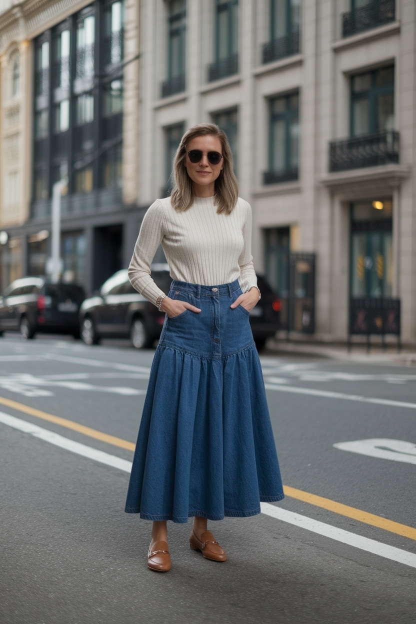 Loafers for Women Outfit with Long Denim Skirt: Stylish Pairings outfit idea