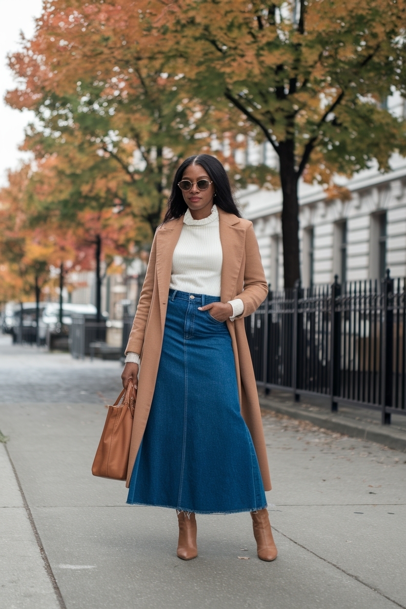 Fall Long Denim Skirt Outfit for Black Women outfit idea