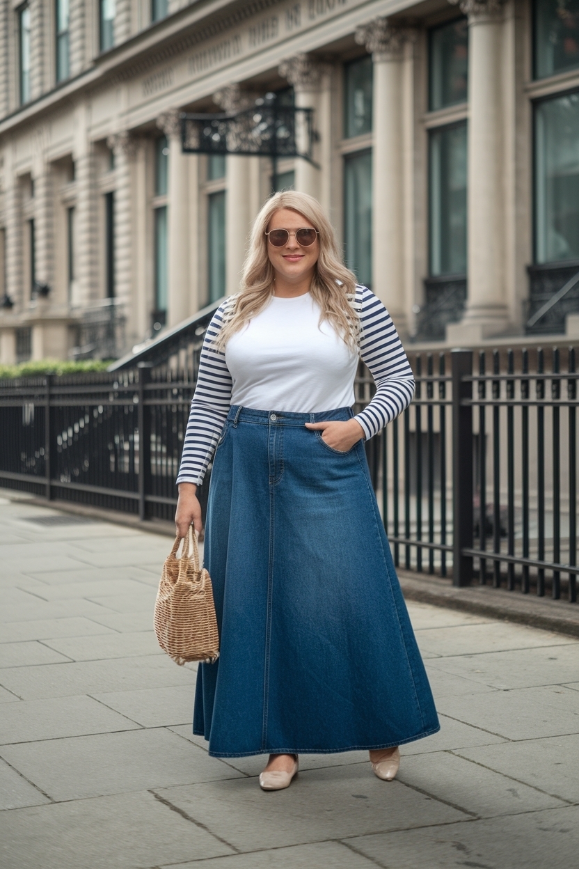 Long Denim Skirt Outfit for Fat Women: Fashion Tips outfit idea