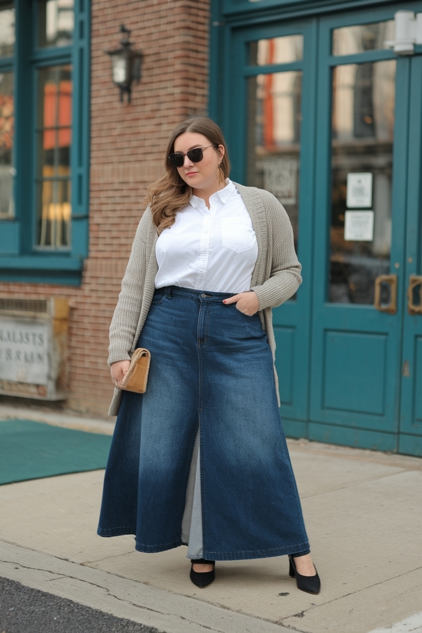 Flattering Long Denim Skirt Outfit Plus Size Women outfit idea