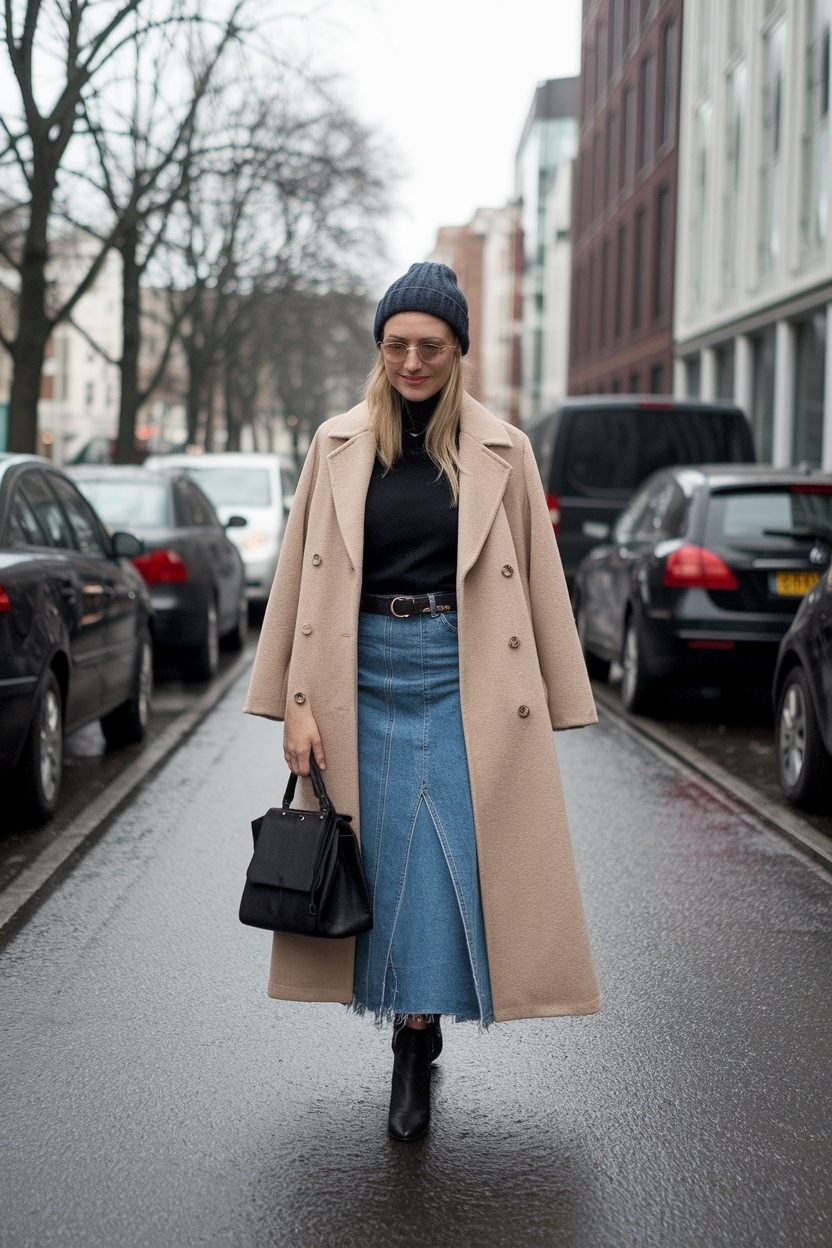 Fashionable Long Denim Skirt Outfit Winter Ideas outfit idea