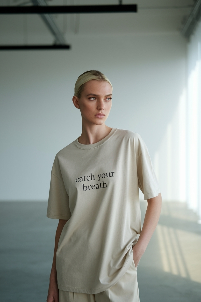 Model in Neutral Catch Your Breath T Shirt for Comfort outfit idea