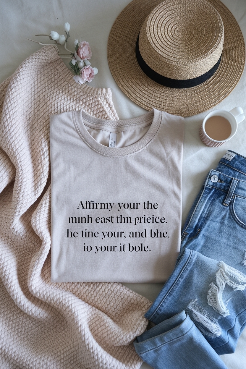 Neutral Cotton Tee with Printed Affirmations for Positivity outfit idea