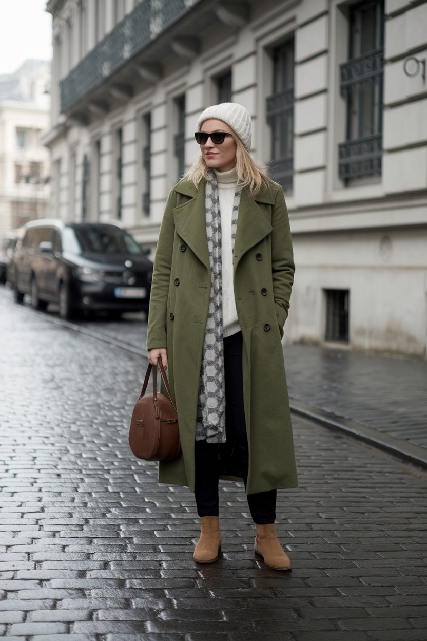 Olive Green Coat Outfit Winter for a Trendy Layering Option outfit idea