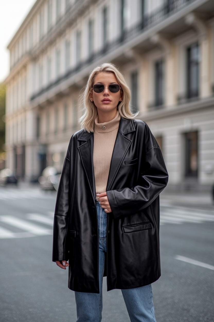 Trendy Oversize Black Leather Jacket Outfit Women Love outfit idea