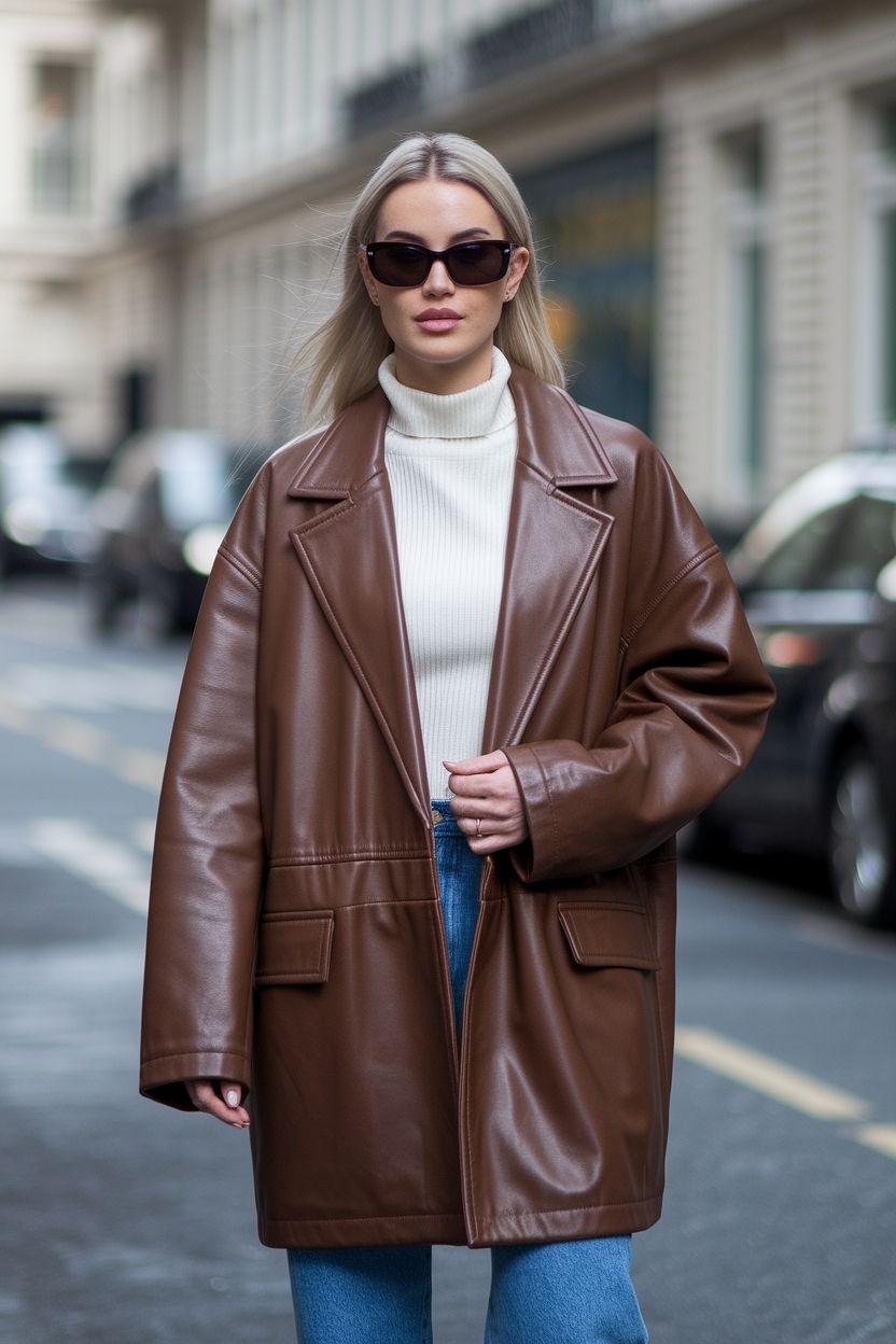 Oversized Brown Leather Jacket Outfit Wo: Layering Essentials outfit idea