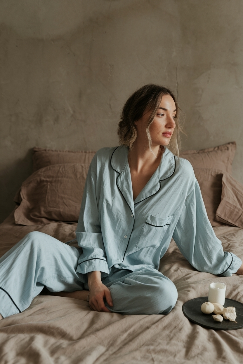 Sleepwear Set in Calm Tones Photographed for Relaxation outfit idea