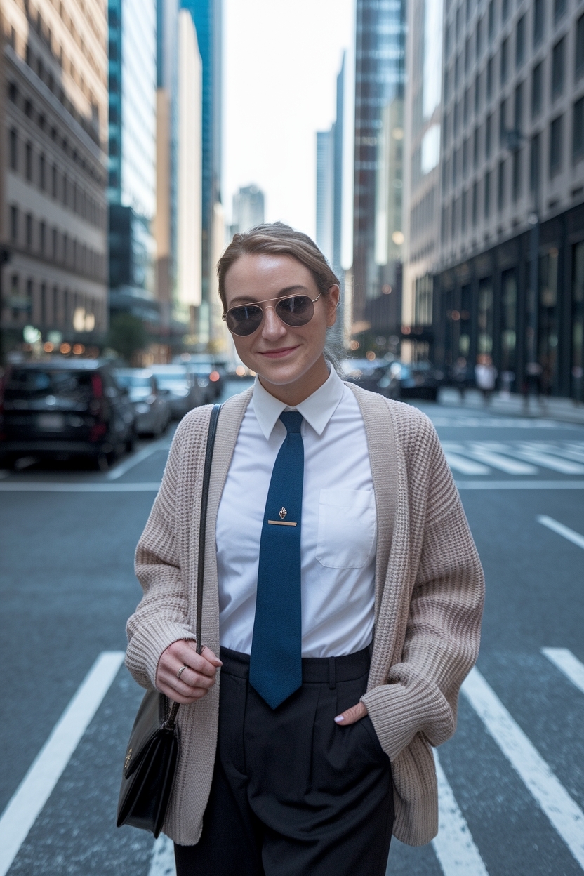 Tie Outfit for Women with Cardigan: Perfect Layering outfit idea