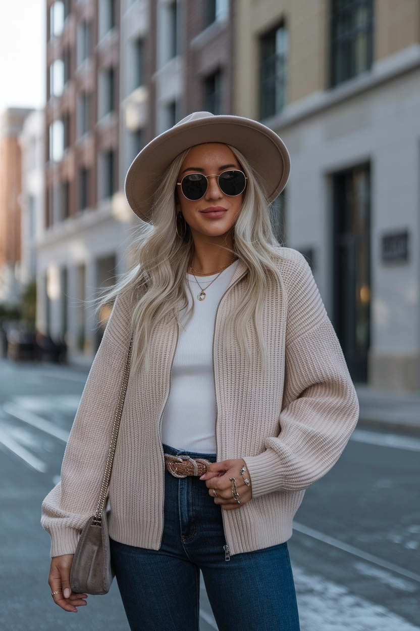 Zip Up Cardigan Outfit Women for Versatile Fashion outfit idea